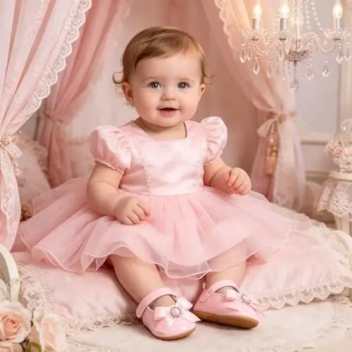Bellocasa Baby Mary Jane Flats for Girls with Bowknot Cotton Anti Skid Sole Infant First Walker Princess Dress Crib Wedding Shoes - 2