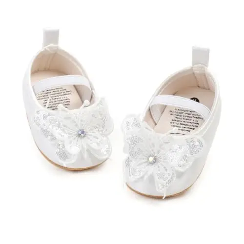 Bellocasa Baby Mary Jane Flats for Girls with Bowknot Cotton Anti Skid Sole Infant First Walker Princess Dress Crib Wedding Shoes - 1