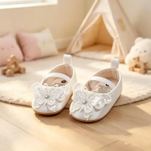 Bellocasa Baby Mary Jane Flats for Girls with Bowknot Cotton Anti Skid Sole Infant First Walker Princess Dress Crib Wedding Shoes - 3
