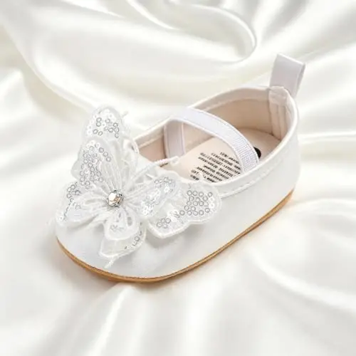 Bellocasa Baby Mary Jane Flats for Girls with Bowknot Cotton Anti Skid Sole Infant First Walker Princess Dress Crib Wedding Shoes - 5