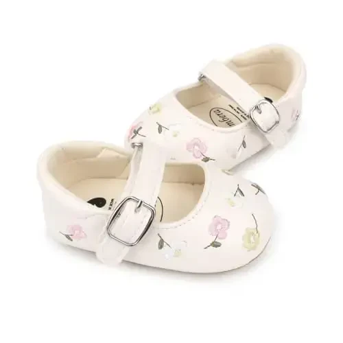 Bellocasa Baby Mary Jane Flats for Girls with Bowknot Cotton Anti Skid Sole Infant First Walker Princess Dress Crib Wedding Shoes - 3