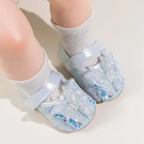 Bellocasa Baby Mary Jane Flats for Girls with Bowknot Cotton Anti Skid Sole Infant First Walker Princess Dress Crib Wedding Shoes - 2