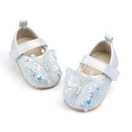 Bellocasa Baby Mary Jane Flats for Girls with Bowknot Cotton Anti Skid Sole Infant First Walker Princess Dress Crib Wedding Shoes - BELLOCASA