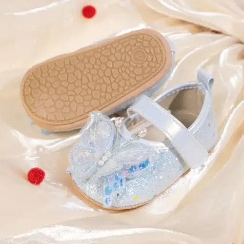 Bellocasa Baby Mary Jane Flats for Girls with Bowknot Cotton Anti Skid Sole Infant First Walker Princess Dress Crib Wedding Shoes - 3