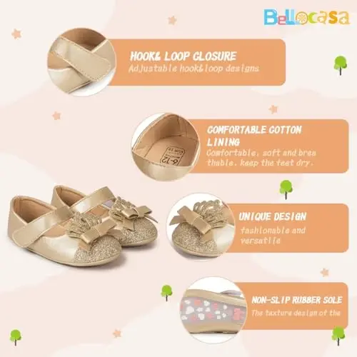 Bellocasa Baby Mary Jane Flats for Girls with Bowknot Cotton Anti Skid Sole Infant First Walker Princess Dress Crib Wedding Shoes - 2