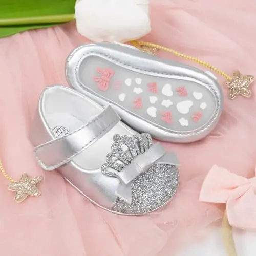 Bellocasa Baby Mary Jane Flats for Girls with Bowknot Cotton Anti Skid Sole Infant First Walker Princess Dress Crib Wedding Shoes - 3