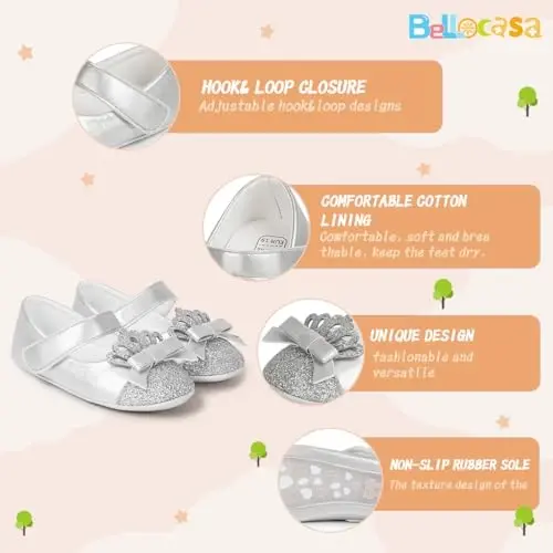 Bellocasa Baby Mary Jane Flats for Girls with Bowknot Cotton Anti Skid Sole Infant First Walker Princess Dress Crib Wedding Shoes - 5