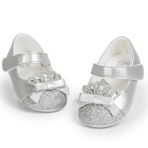 Bellocasa Baby Mary Jane Flats for Girls with Bowknot Cotton Anti Skid Sole Infant First Walker Princess Dress Crib Wedding Shoes - 1