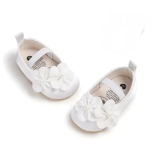 Bellocasa Baby Mary Jane Flats for Girls with Bowknot Cotton Anti Skid Sole Infant First Walker Princess Dress Crib Wedding Shoes - 1