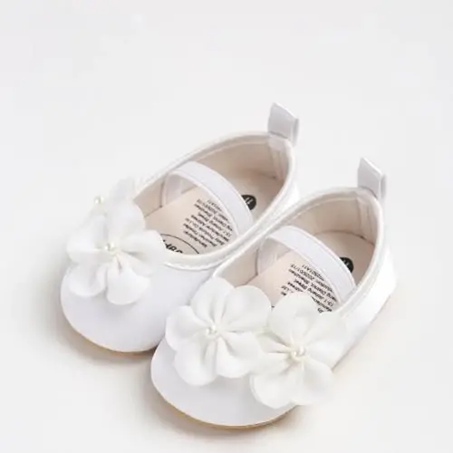Bellocasa Baby Mary Jane Flats for Girls with Bowknot Cotton Anti Skid Sole Infant First Walker Princess Dress Crib Wedding Shoes - 5