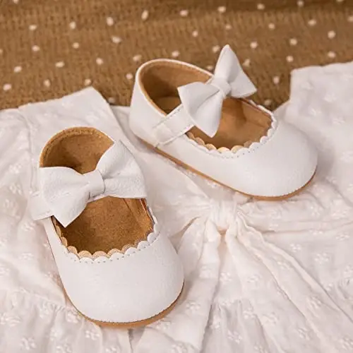 Bellocasa Baby Mary Jane Flats for Girls with Bowknot Cotton Anti Skid Sole Infant First Walker Princess Dress Crib Wedding Shoes - 4