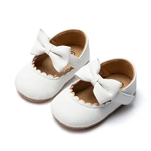Bellocasa Baby Mary Jane Flats for Girls with Bowknot Cotton Anti Skid Sole Infant First Walker Princess Dress Crib Wedding Shoes - 1