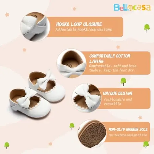 Bellocasa Baby Mary Jane Flats for Girls with Bowknot Cotton Anti Skid Sole Infant First Walker Princess Dress Crib Wedding Shoes - 5