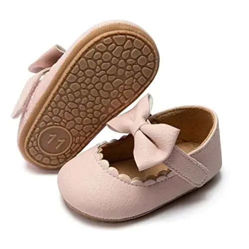 Bellocasa Baby Mary Jane Flats for Girls with Bowknot Cotton Anti Skid Sole Infant First Walker Princess Dress Crib Wedding Shoes - 2