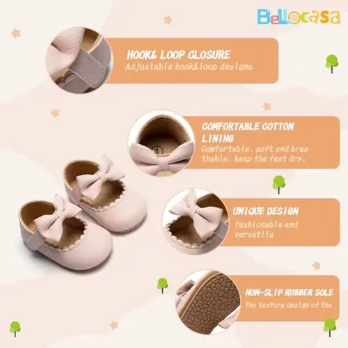 Bellocasa Baby Mary Jane Flats for Girls with Bowknot Cotton Anti Skid Sole Infant First Walker Princess Dress Crib Wedding Shoes - 5