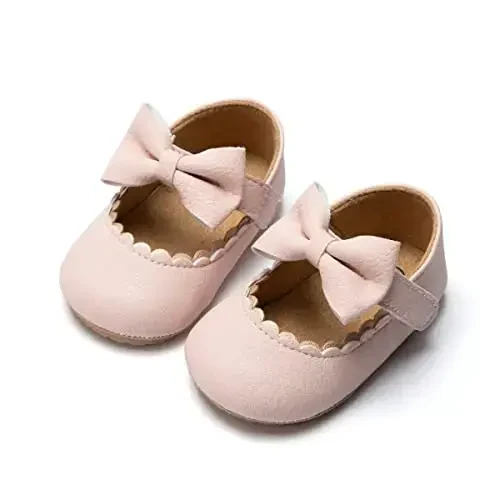 Bellocasa Baby Mary Jane Flats for Girls with Bowknot Cotton Anti Skid Sole Infant First Walker Princess Dress Crib Wedding Shoes - BELLOCASA