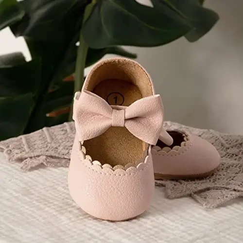 Bellocasa Baby Mary Jane Flats for Girls with Bowknot Cotton Anti Skid Sole Infant First Walker Princess Dress Crib Wedding Shoes - 4