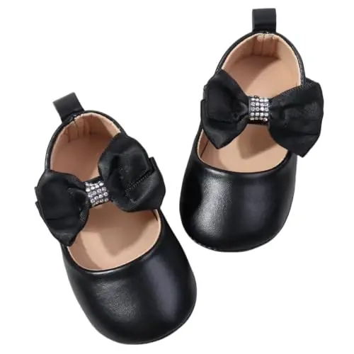 Bellocasa Baby Mary Jane Flats for Girls with Bowknot Cotton Anti Skid Sole Infant First Walker Princess Dress Crib Wedding Shoes - 1