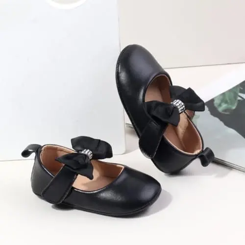 Bellocasa Baby Mary Jane Flats for Girls with Bowknot Cotton Anti Skid Sole Infant First Walker Princess Dress Crib Wedding Shoes - 2
