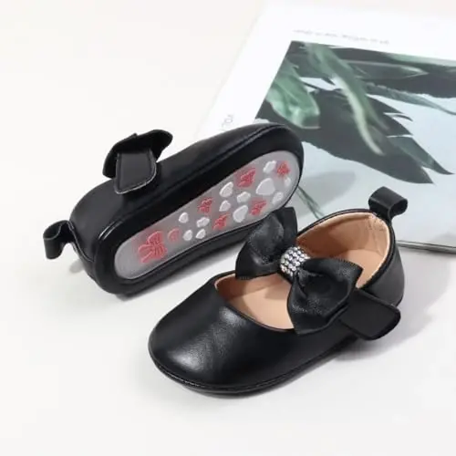 Bellocasa Baby Mary Jane Flats for Girls with Bowknot Cotton Anti Skid Sole Infant First Walker Princess Dress Crib Wedding Shoes - 4