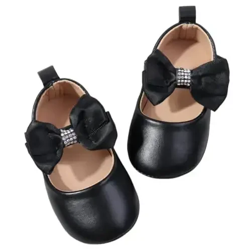 Bellocasa Baby Mary Jane Flats for Girls with Bowknot Cotton Anti Skid Sole Infant First Walker Princess Dress Crib Wedding Shoes - 1