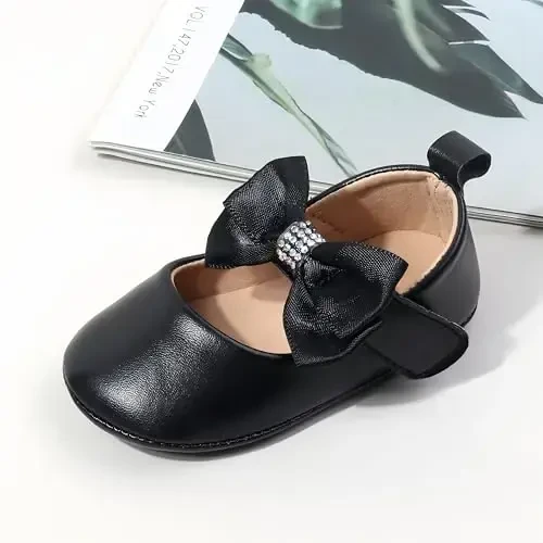 Bellocasa Baby Mary Jane Flats for Girls with Bowknot Cotton Anti Skid Sole Infant First Walker Princess Dress Crib Wedding Shoes - 3