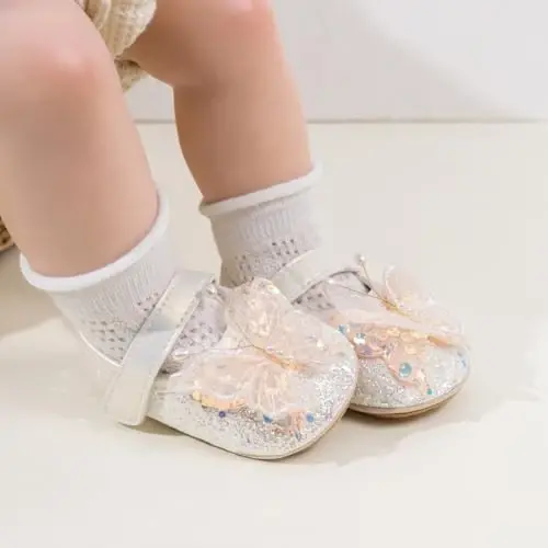 Bellocasa Baby Mary Jane Flats for Girls with Bowknot Cotton Anti Skid Sole Infant First Walker Princess Dress Crib Wedding Shoes - 2