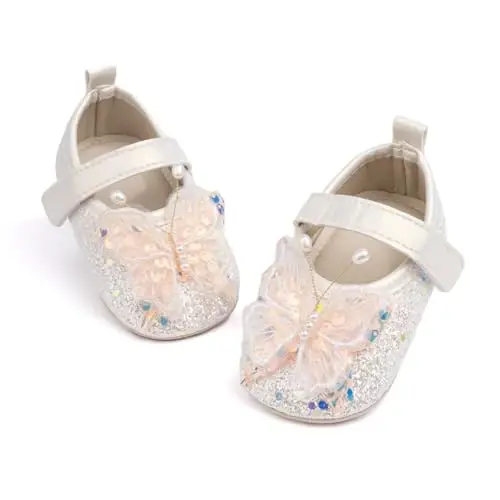 Bellocasa Baby Mary Jane Flats for Girls with Bowknot Cotton Anti Skid Sole Infant First Walker Princess Dress Crib Wedding Shoes - 12