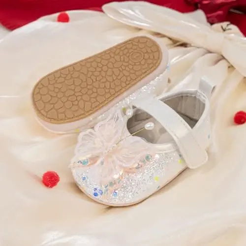 Bellocasa Baby Mary Jane Flats for Girls with Bowknot Cotton Anti Skid Sole Infant First Walker Princess Dress Crib Wedding Shoes - 10