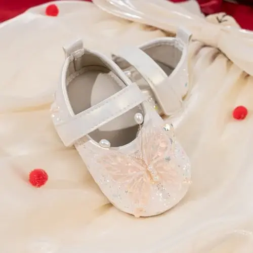 Bellocasa Baby Mary Jane Flats for Girls with Bowknot Cotton Anti Skid Sole Infant First Walker Princess Dress Crib Wedding Shoes - 8