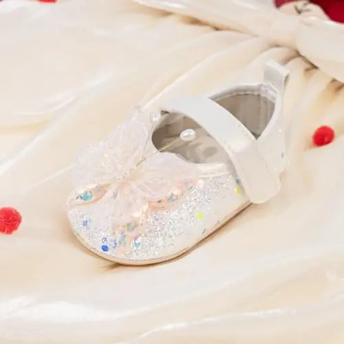 Bellocasa Baby Mary Jane Flats for Girls with Bowknot Cotton Anti Skid Sole Infant First Walker Princess Dress Crib Wedding Shoes - 9