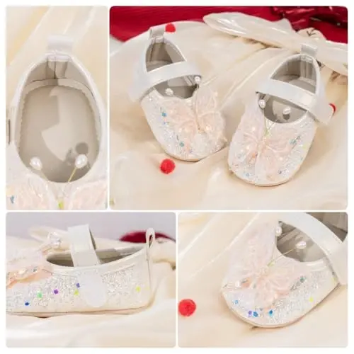 Bellocasa Baby Mary Jane Flats for Girls with Bowknot Cotton Anti Skid Sole Infant First Walker Princess Dress Crib Wedding Shoes - 7