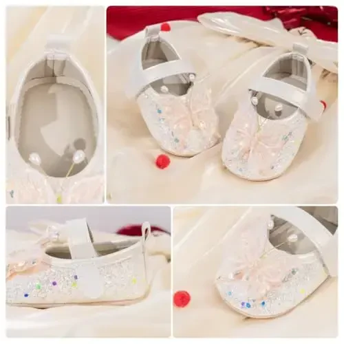 Bellocasa Baby Mary Jane Flats for Girls with Bowknot Cotton Anti Skid Sole Infant First Walker Princess Dress Crib Wedding Shoes - 6