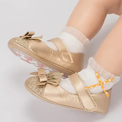 Bellocasa Baby Mary Jane Flats for Girls with Bowknot Cotton Anti Skid Sole Infant First Walker Princess Dress Crib Wedding Shoes - 3