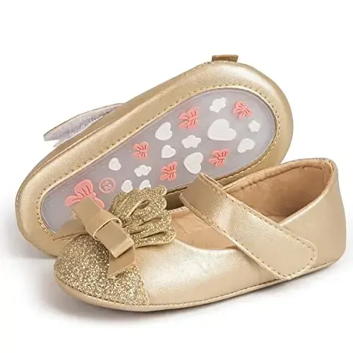 Bellocasa Baby Mary Jane Flats for Girls with Bowknot Cotton Anti Skid Sole Infant First Walker Princess Dress Crib Wedding Shoes - 4