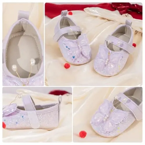 Bellocasa Baby Mary Jane Flats for Girls with Bowknot Cotton Anti Skid Sole Infant First Walker Princess Dress Crib Wedding Shoes - 6