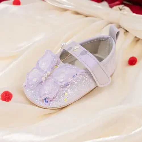 Bellocasa Baby Mary Jane Flats for Girls with Bowknot Cotton Anti Skid Sole Infant First Walker Princess Dress Crib Wedding Shoes - 5
