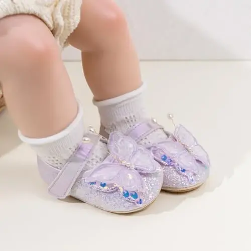 Bellocasa Baby Mary Jane Flats for Girls with Bowknot Cotton Anti Skid Sole Infant First Walker Princess Dress Crib Wedding Shoes - BELLOCASA (1)