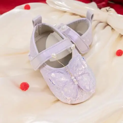 Bellocasa Baby Mary Jane Flats for Girls with Bowknot Cotton Anti Skid Sole Infant First Walker Princess Dress Crib Wedding Shoes - 4