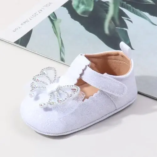 Bellocasa Baby Mary Jane Flats for Girls with Bowknot Cotton Anti Skid Sole Infant First Walker Princess Dress Crib Wedding Shoes - 3