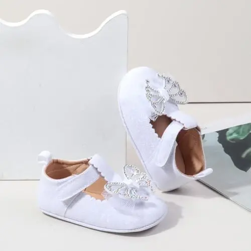 Bellocasa Baby Mary Jane Flats for Girls with Bowknot Cotton Anti Skid Sole Infant First Walker Princess Dress Crib Wedding Shoes - 5