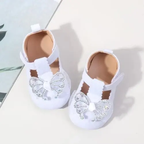 Bellocasa Baby Mary Jane Flats for Girls with Bowknot Cotton Anti Skid Sole Infant First Walker Princess Dress Crib Wedding Shoes - 2