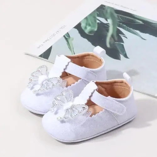 Bellocasa Baby Mary Jane Flats for Girls with Bowknot Cotton Anti Skid Sole Infant First Walker Princess Dress Crib Wedding Shoes - 4