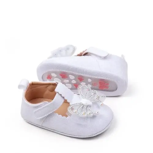 Bellocasa Baby Mary Jane Flats for Girls with Bowknot Cotton Anti Skid Sole Infant First Walker Princess Dress Crib Wedding Shoes - 1