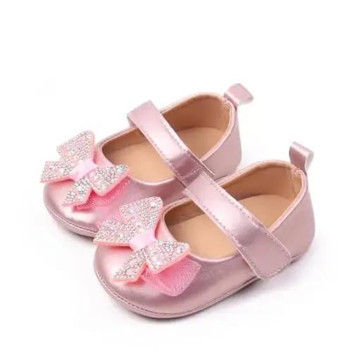 Bellocasa Baby Mary Jane Flats for Girls with Bowknot Cotton Anti Skid Sole Infant First Walker Princess Dress Crib Wedding Shoes - 1