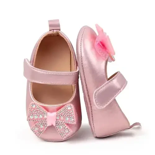 Bellocasa Baby Mary Jane Flats for Girls with Bowknot Cotton Anti Skid Sole Infant First Walker Princess Dress Crib Wedding Shoes - BELLOCASA (1)