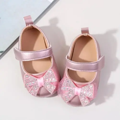 Bellocasa Baby Mary Jane Flats for Girls with Bowknot Cotton Anti Skid Sole Infant First Walker Princess Dress Crib Wedding Shoes - 4