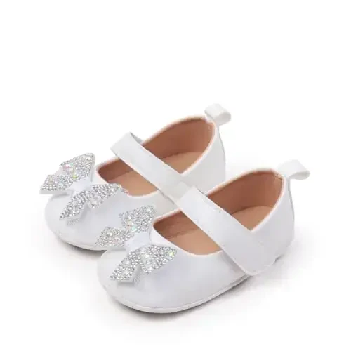 Bellocasa Baby Mary Jane Flats for Girls with Bowknot Cotton Anti Skid Sole Infant First Walker Princess Dress Crib Wedding Shoes - BELLOCASA