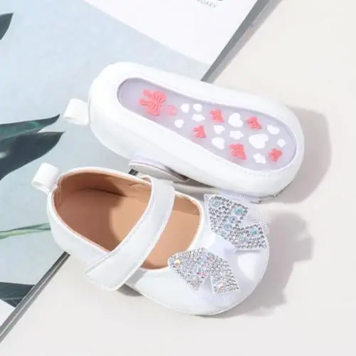 Bellocasa Baby Mary Jane Flats for Girls with Bowknot Cotton Anti Skid Sole Infant First Walker Princess Dress Crib Wedding Shoes - 3