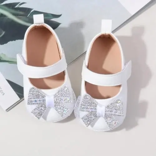 Bellocasa Baby Mary Jane Flats for Girls with Bowknot Cotton Anti Skid Sole Infant First Walker Princess Dress Crib Wedding Shoes - 4